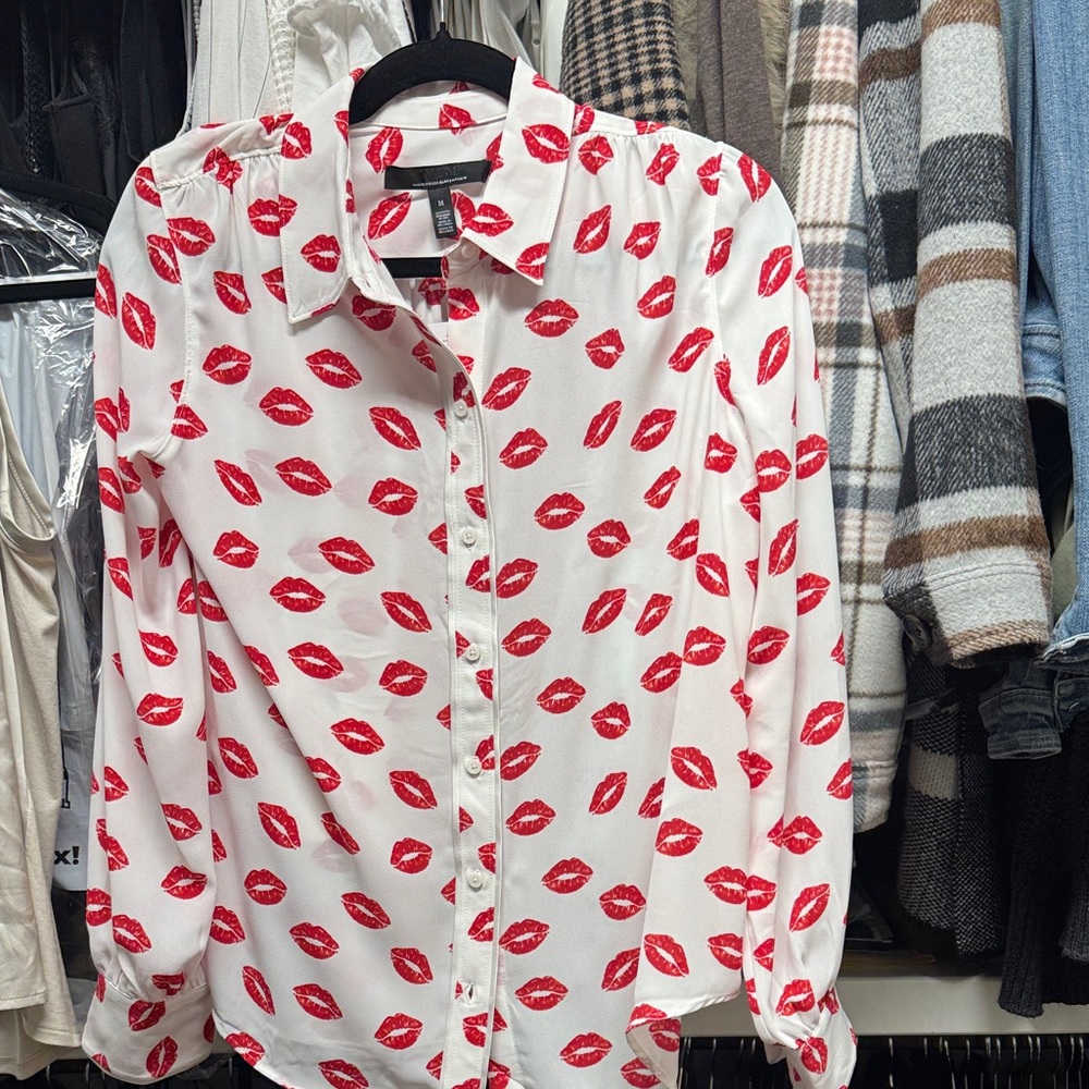 White House Black Market Red Lip Print Blouse